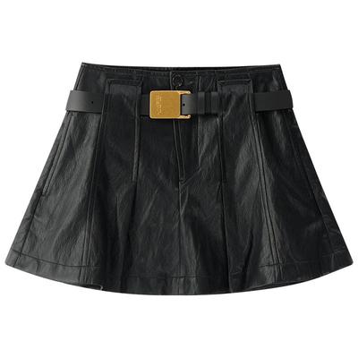 NMORE设计师品牌 25秋季新款 隐秘黑腰带装饰褶皱PU喇叭短裙