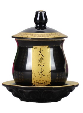 佛堂陶瓷黑色描金大悲咒供水杯