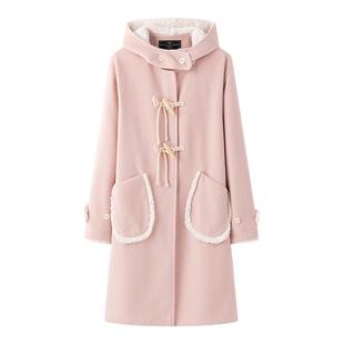 东京岁时记jk制服粉色毛呢大衣女秋冬甜美牛角扣呢外套长款小羊羔