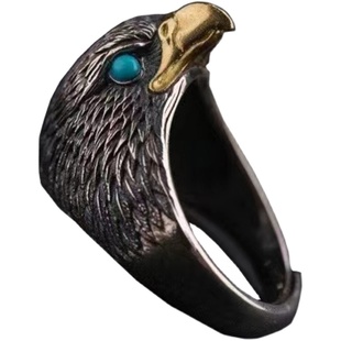 纯银鹰头戒指男款复古民族风鹰戒指指环镶嵌松石南红玛瑙活口可调