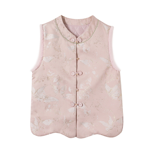 新中式国风马甲女款粉色提花年轻版背心夹棉加厚复古盘扣马夹春款