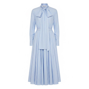 周也同款法式蓝色条纹蝴蝶结连衣裙女长袖收腰显瘦衬衫裙气质长裙