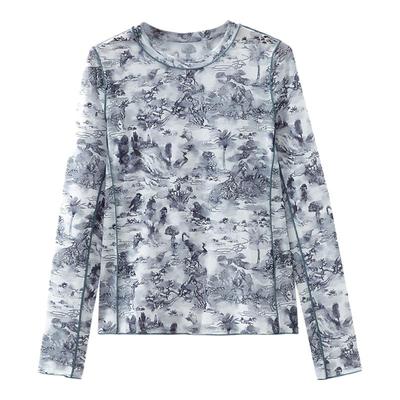 水云间冷萃新中式长袖T恤中国风山水墨画上衣女纱质修身针织衫夏