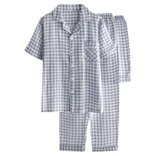 无印格子三件套睡衣男春夏季纯棉纱布薄款短袖短裤长裤家居服套装