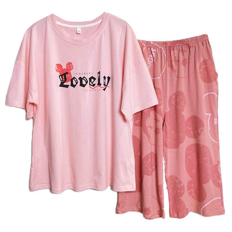 睡衣女夏纯棉短袖七分裤新款中年妈妈全棉家居服套装带胸垫可外穿