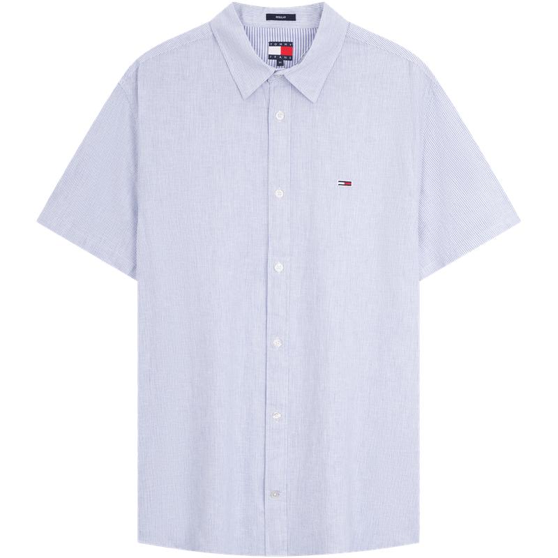 【棉麻混纺】Tommy25春夏新款男装商务休闲细条纹短袖衬衫外套