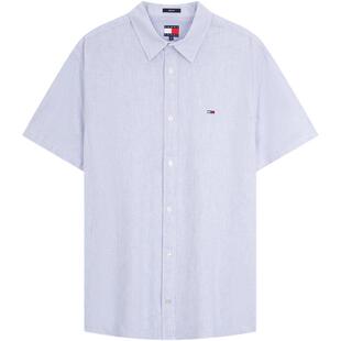 【棉麻混纺】Tommy春夏男装休闲海边度假风细条纹短袖衬衫外套