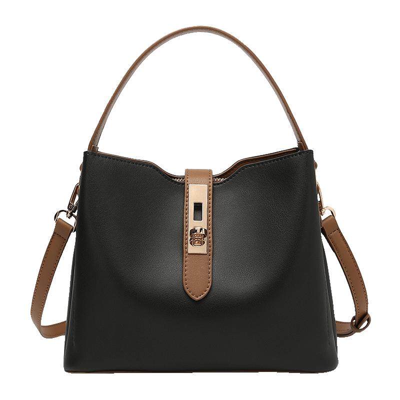 稻草人包包女士新款百搭单肩包牛皮质感通勤真皮斜挎包水桶包女包