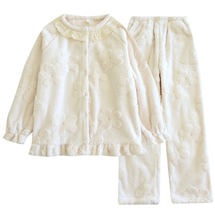 秋冬季新款舒棉绒睡衣女可爱花边开衫家居服两件套保暖珊瑚绒加厚