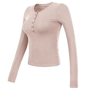 瑜伽服长袖女紧身显瘦打底t恤纽扣亨利领健身衣跑步训练运动上衣