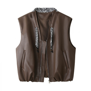 酷飒风小丝巾V领皮衣马甲女秋季高级感气质无袖坎肩PU皮短外套潮