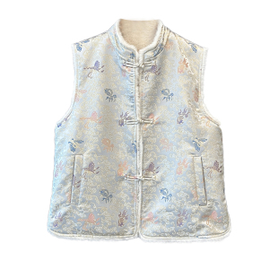 秋冬两面穿新中式国风盘扣缎面刺绣提花上衣毛毛马甲女外搭旗袍