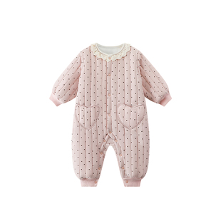 童贝初婴儿夹棉连体衣秋冬保暖款新生女宝连身薄棉哈衣爬服冬装