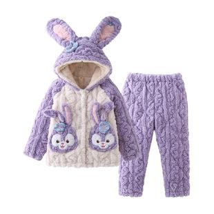 2024儿童睡衣女童冬季加厚款女孩三层夹棉秋冬款珊瑚绒加绒家居服