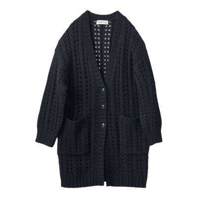 女式V领镂空条纹中长款开衫