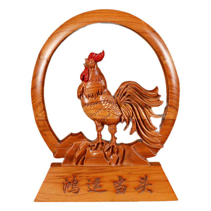 摆件招财公鸡桃木雕刻客厅工艺品