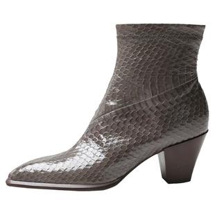 百年风格！米兰秀款高定漆面蛇皮锥高粗跟名媛正装社交四季短靴特