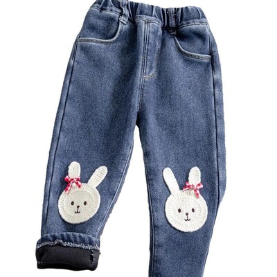 女童长裤牛仔裤一体绒小女孩秋冬