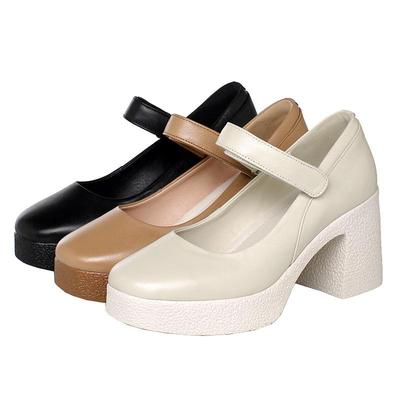 白色走秀高跟鞋复古方头真皮女鞋