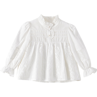 女童长袖衬衫秋装2025新款儿童韩系休闲蕾丝娃娃衫小女孩白色上衣