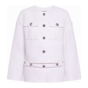 Maje春夏女装高知风穿搭时尚白色圆领短款系带收腰长袖花呢外套