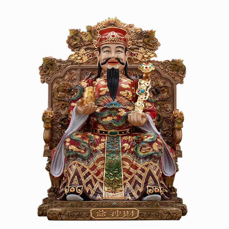 台湾纯铜丹彩财神爷摆件家用供奉铜雕龙椅财神爷神像店铺招财摆件