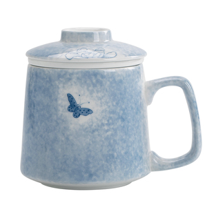 叁旬手绘蝶恋花泡茶杯陶瓷茶水分离马克杯带盖办公室过滤水杯杯子