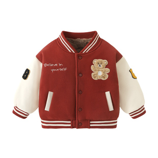 咔咔熊猫儿童冬季外套男童女童红色秋冬款棒球服宝宝冬装加厚棉服