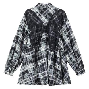 KEIKO [蝴蝶绣] 弥散黑白格子长袖衬衫2026春季露背绣花休闲上衣