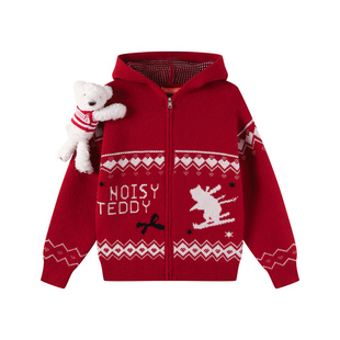 NOISY TEDDY 26年春季新款可爱立体熊儿童连帽长袖针织衫开衫百搭
