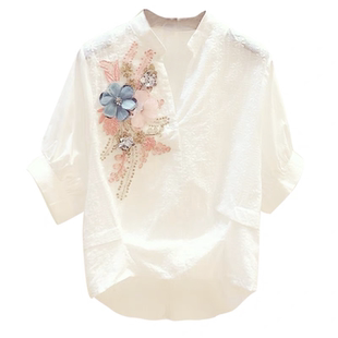 外贸休闲气质纯棉短袖衬衫女2026夏季款文艺刺绣花朵V领宽松上衣