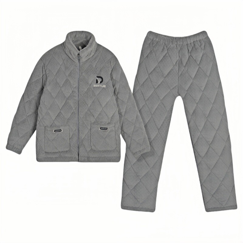 男珊瑚绒夹棉三层加厚家居服保暖