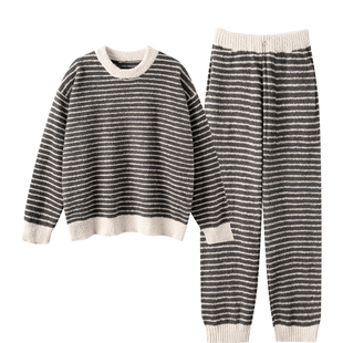 猫人半边绒男士睡衣秋冬季2025新款珊瑚绒条纹宽松大码加厚家居服