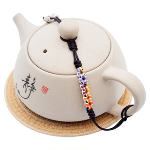 林森鹿中式紫砂茶壶绳渐变多彩手工编织茶具防摔壶盖绑绳杯连接线