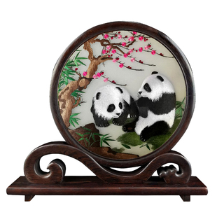 苏绣双面绣熊猫台屏特色纪念品手工刺绣摆件中国风特色礼品送老外