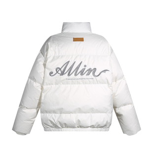 ALLIN 白色鸭绒羽绒服男款冬季加厚潮牌字母刺绣立领宽松短款外套