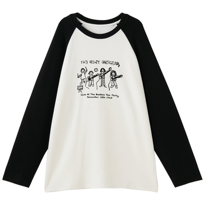 慵懒感圆领卡通加绒插肩袖T恤