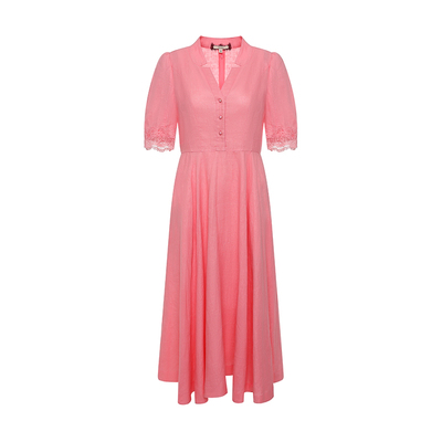 GEGINA吉吉娜早春季新品V领粉红色连衣裙蕾丝袖口中长款裙子女