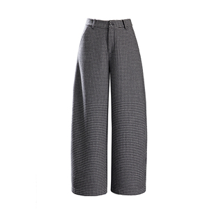 九分毛呢阔腿裤女2025新款冬季加绒格子裤高腰休闲裤小个子弯刀裤