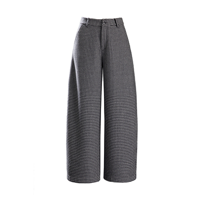 九分毛呢弯刀阔腿裤女加绒格子裤