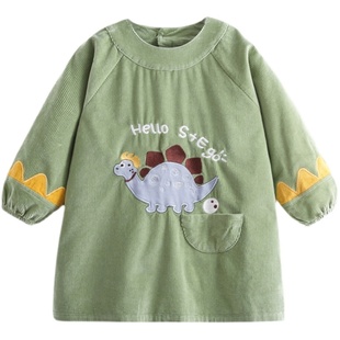 傲贝美加长款儿童罩衣纯棉长袖反穿衣男童防水防脏吃饭围兜护衣冬