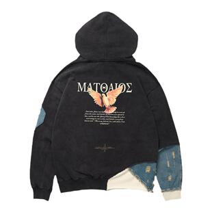 xVESSEL吴建豪同款牛仔宽松拼接印花卫衣运动上衣