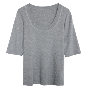 胖mm秋冬合体五分袖U领针织衫木子理想大码女简约舒适品质打底衫