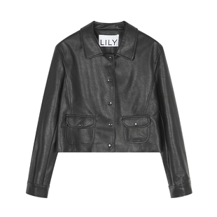 【商场同款】LILY2025春新款女装复古正肩休闲黑色皮衣夹克外套