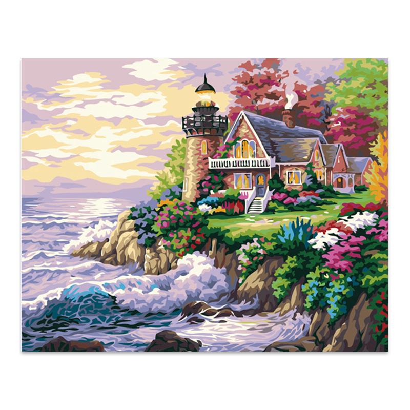 数字油画diy填色海边别墅风景画