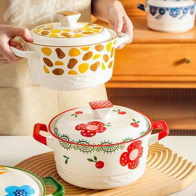 中国风陶瓷猪油罐耐高温家用荤油罐双耳泡面碗大容量带盖储油容器