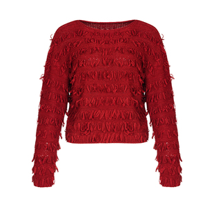 允硕新品时尚红色流苏毛衣休闲时髦针织内搭上衣百搭圆领女739580