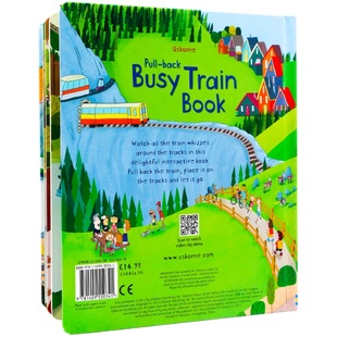 繁忙的火车轨道书 Usborne Pull-back Busy Train 英文原版绘本 儿童互动游戏读物 益智轨道书 wind-up同系列手动回拉玩具书大开
