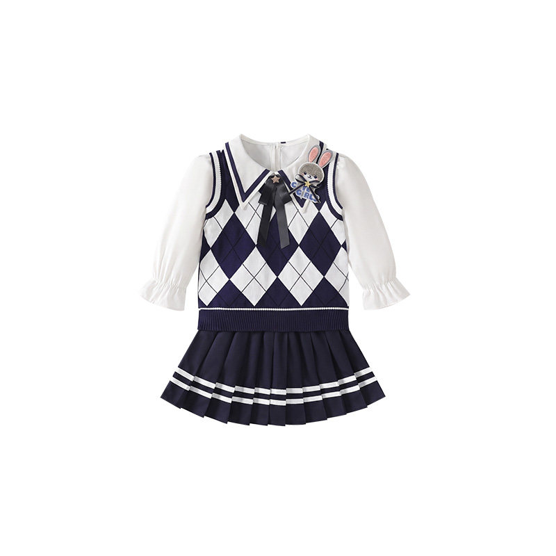 女童秋装套装新款毛衣三件套jk学院风裙子儿童生日兔子警官衣服秋