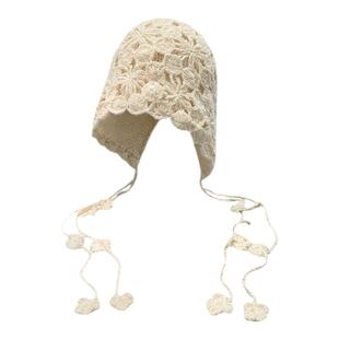 手工钩织流苏套头帽子女秋冬新款保暖百搭包头帽针织毛线帽显脸小